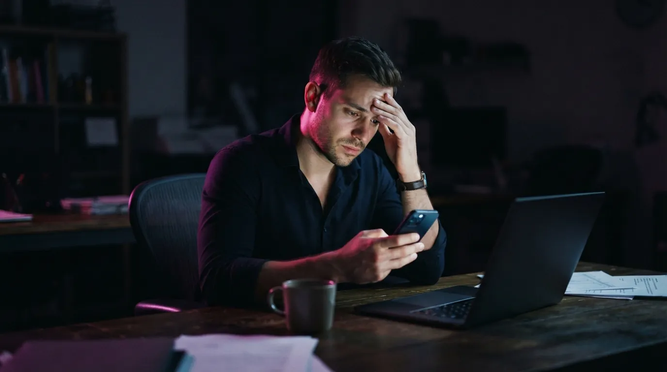 A man at his desk late at night looking at his phone, tired