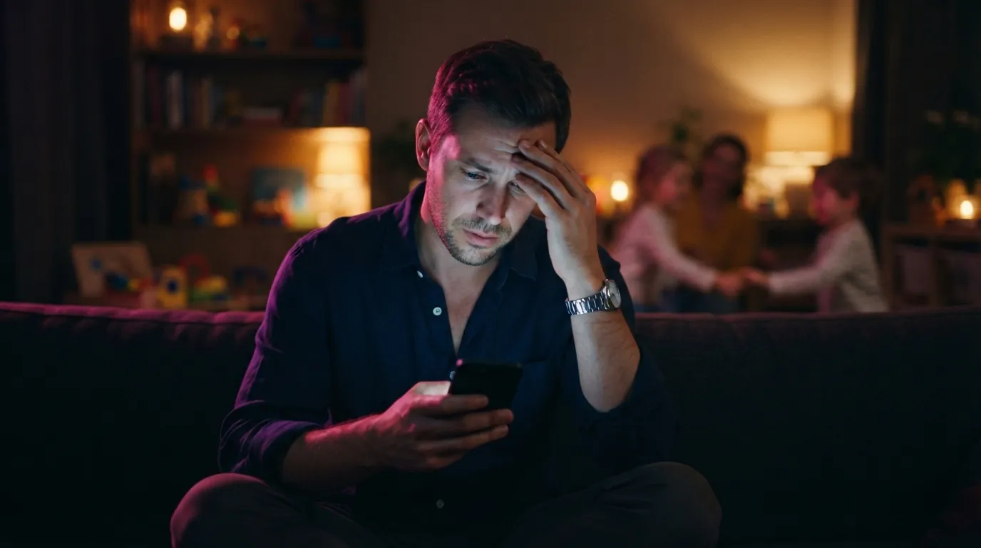 A man at home with his family, absorbed in his phone