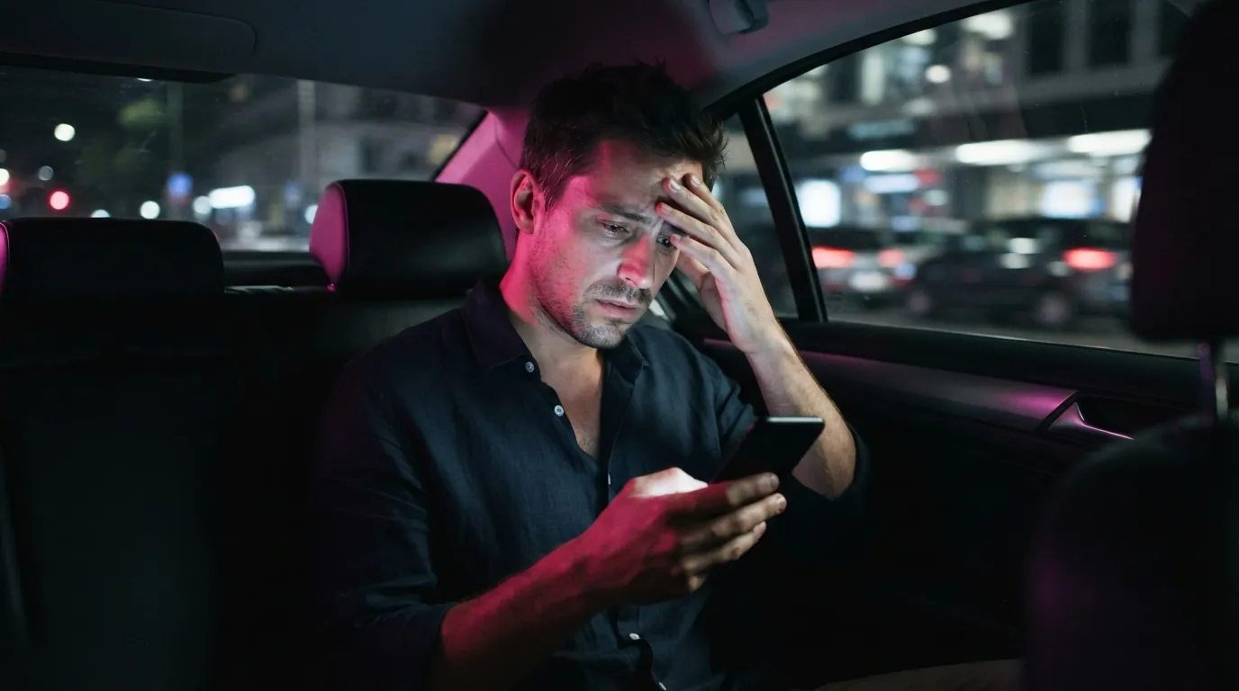 A man in the back seat of a car at night looking at his phone, tired