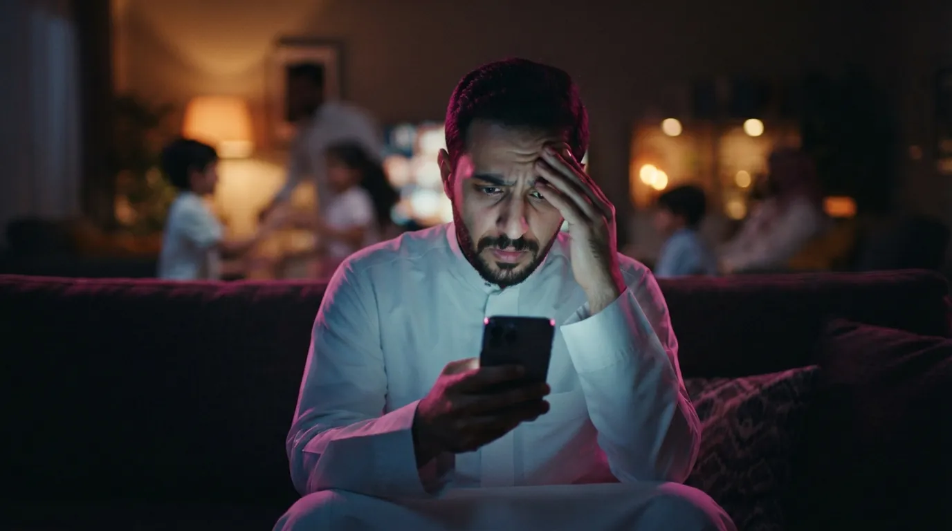 رجلٌ في بيته مع عائلته منشغلٌ بجواله